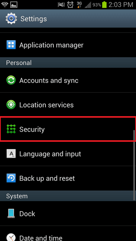 Samsung Galaxy S3 Settings, Security